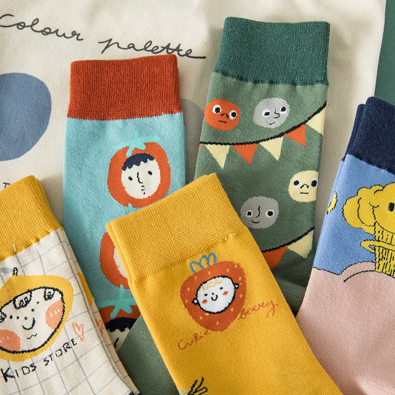 Tất, Vớ Cotton Cao Cổ Half Calf In Hình Vui Nhộn Màu Mè