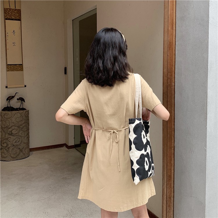 Xiaozhainv Đầm midi tay ngắn dáng rộng màu trơn phong cách Hàn Quốc | BigBuy360 - bigbuy360.vn
