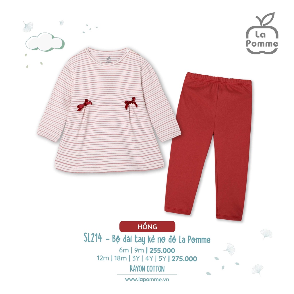 SL214 Bộ quần áo dài tay bé gái La Pomme kẻ nơ đỏ - Chất liệu cotton xinh xắn