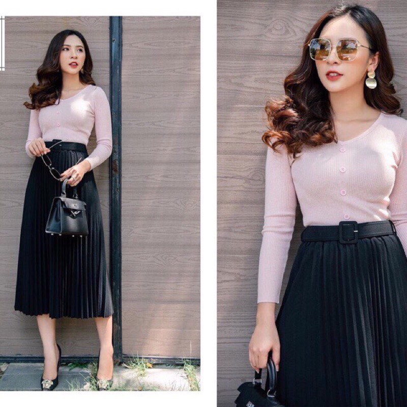 Chân váy xếp ly dáng dài 75cm kèm belt đủ màu có video