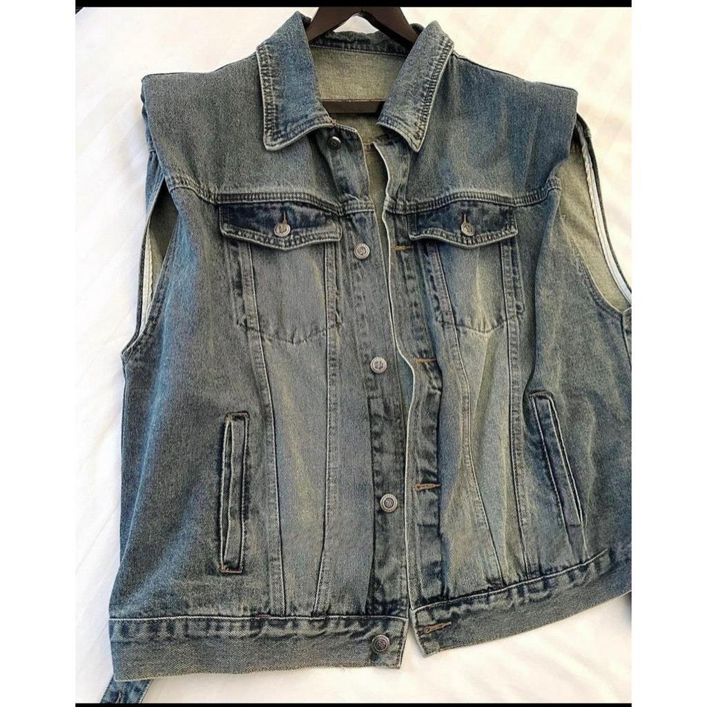 Áo khoác gile jean trơn màu xanh form rộng nam nữ unisex, áo gile bò ngắn tay túi hộp phong cách ulzzang hàn quốc