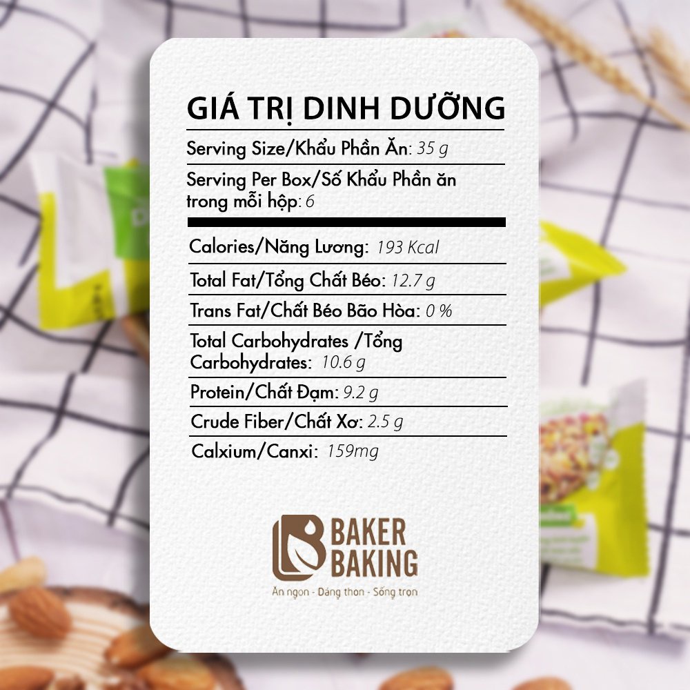 Bánh thanh hạt dinh dưỡng &amp; protein Baker Baking không đường, tiện lợi hỗ trợ tập luyện, tăng cơ hộp 6 thanh