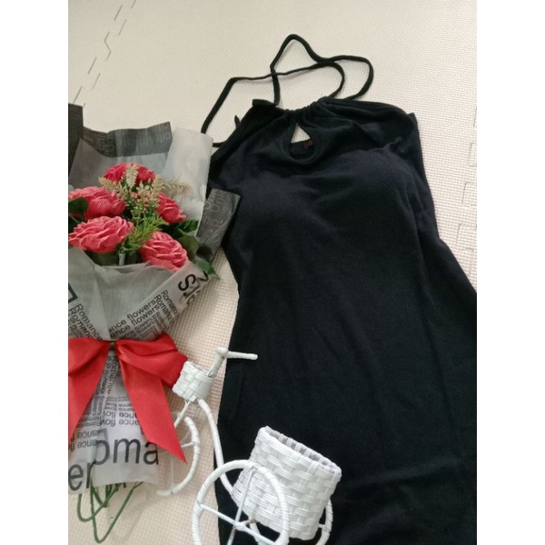 Đầm yếm ôm body dây xẻ đùi thun đen xanh - 1275