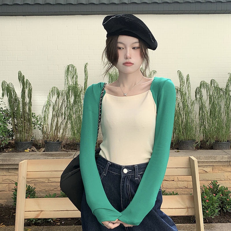 Áo thun tay dài cổ vuông thiết kế mới thời trang mùa thu dành cho nữ