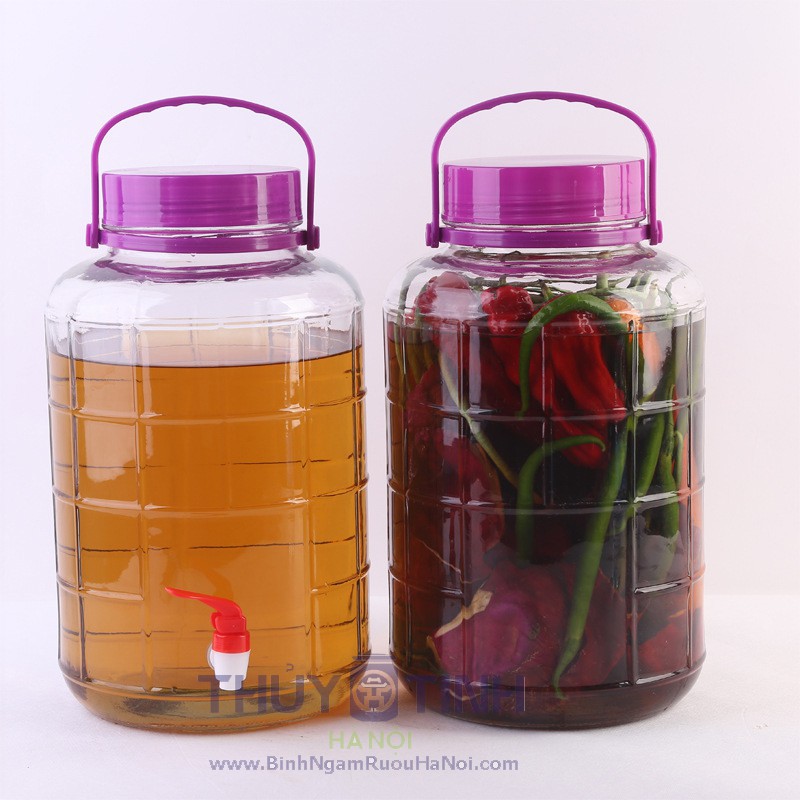 Bình thủy tinh quai xách nắp tím 16l, 20l có vòi để đưng, ngâm các loại hoa quả, thuốc, .......