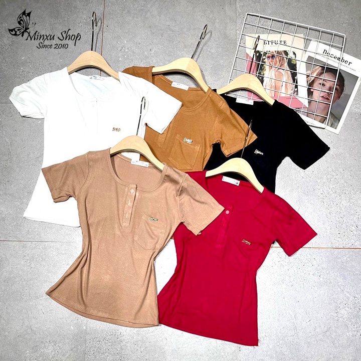 Áo thun nữ vải tăm cúc ngực, áo phông có túi ngực co giãn ôm body phong cách Hàn Quốc Minxu Shop ATD