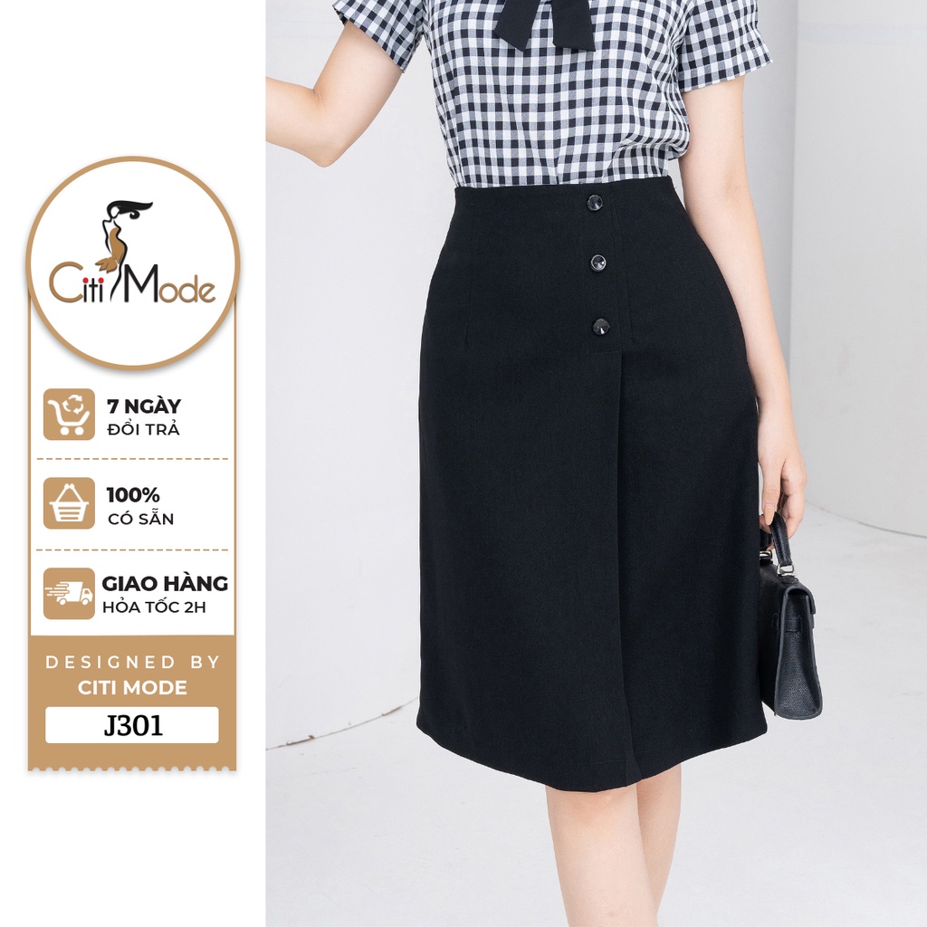 Chân váy công sở CITI MODE FASHION dáng A đen vạt trước phối cúc J301