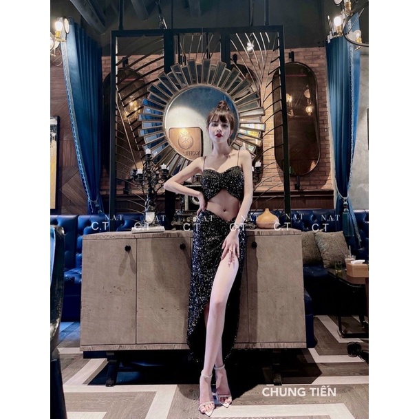 Set Váy Kim Sa Xẻ Tà, Đầm Hai Dây Dự Tiệc Bling Bling