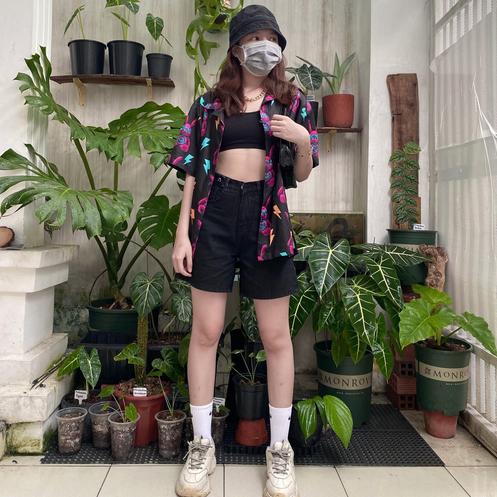 Quần Short Jean Lửng Đai Nút Lưng Cao Màu Đen Xám Siêu Xinh ULZZANG