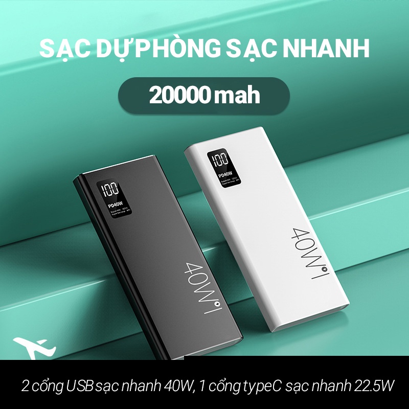 Pin sạc dự phòng 20000mah YCO sạc nhanh 40w màn hình led hiển thị dung lượng pin