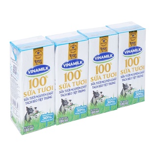 Lốc 4 hộp sữa tươi tách béo không đường Vinamilk 180ml
