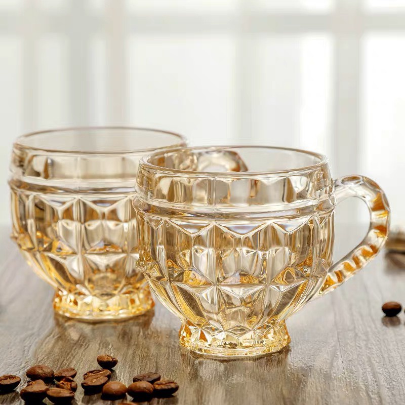 Combo 2 ly thủy tinh dày màu vàng chất lượng 231HA-VÀNG, 2 cốc thủy tinh có quai caro cao cấp