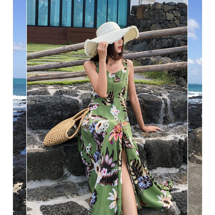 Đầm Maxi Hoa cao cấp hở lưng cột nơ đùi xẻ cực đẹp