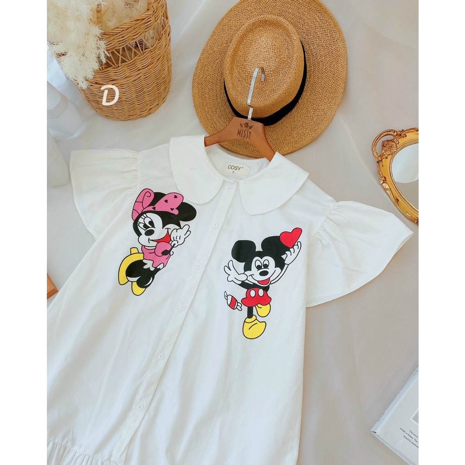 Gunkaymatter Đầm Váy Nữ Cổ Bèo Tay Phồng Trắng Tinh Khôi In Hình Mickey Mouse Phù Hợp Mọi Phong Cách
