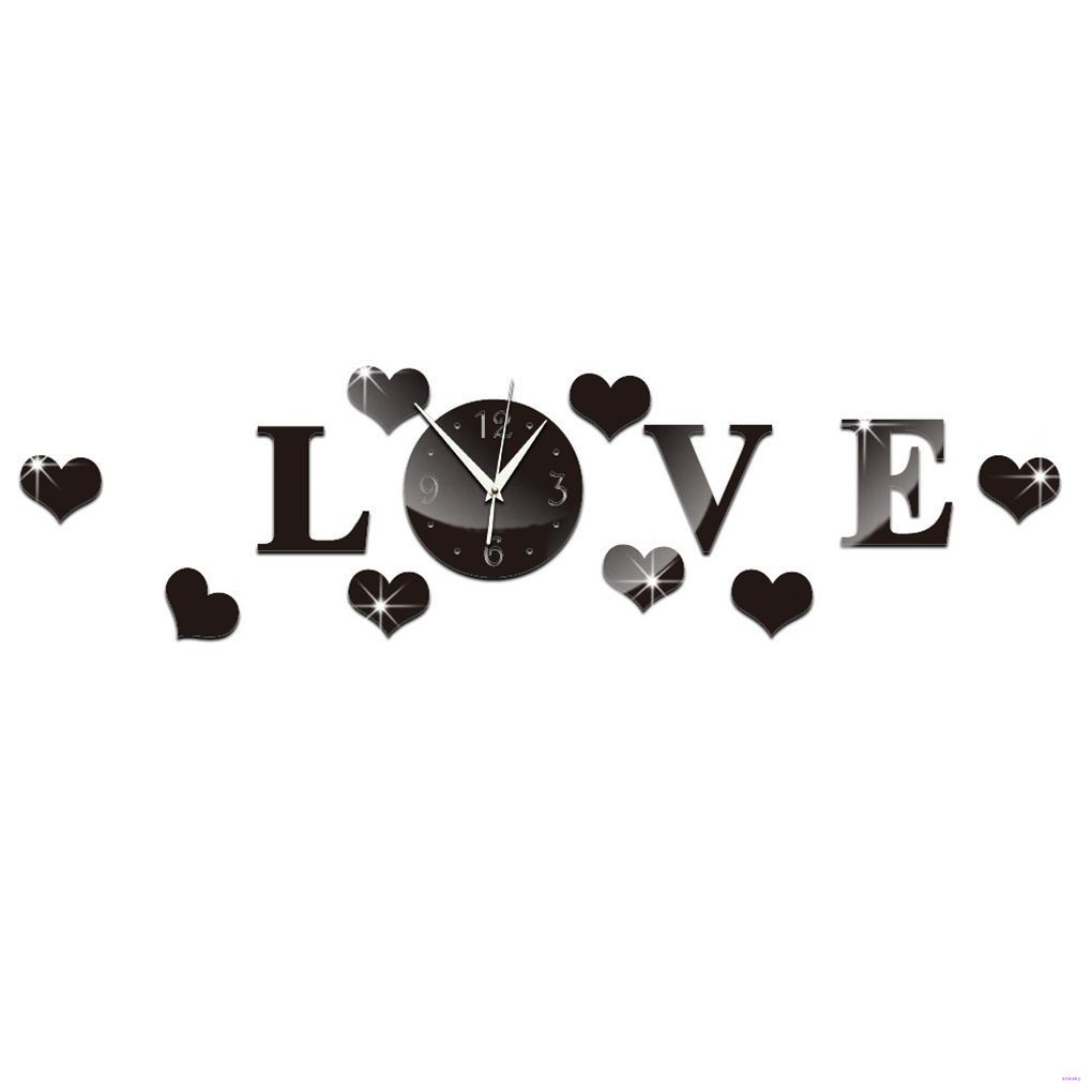 DIY Silver Acrylic Mirror Wall Sticker LOVE Clock Movement Decoration