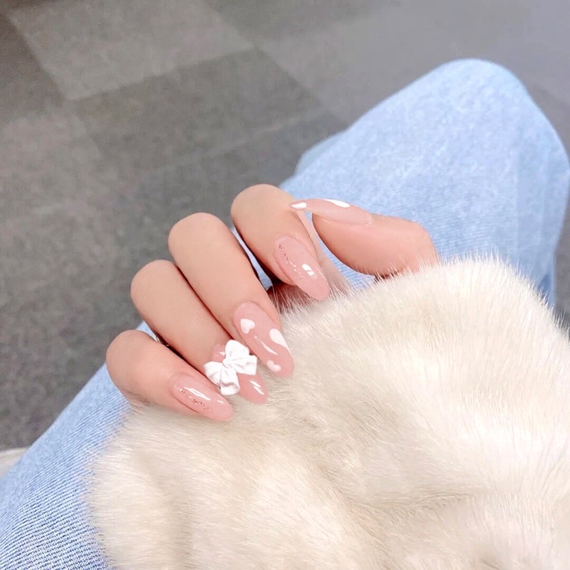 [Hàng mới về]Bộ 24 móng giả đính charn nơ xinh xắn