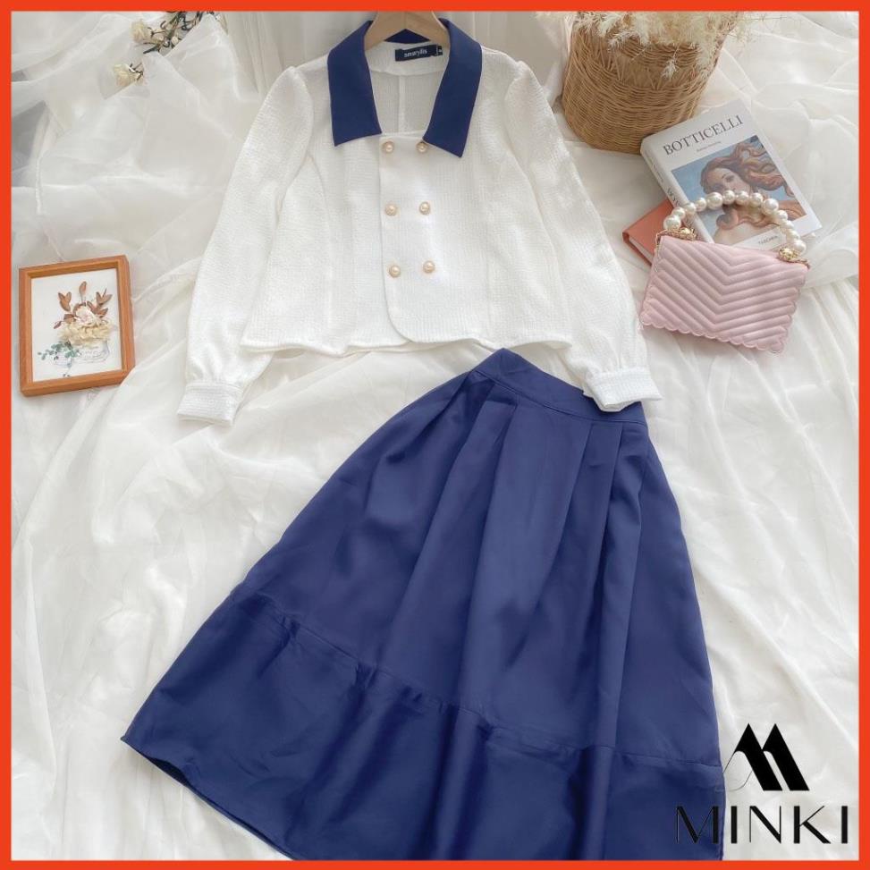 [HOT_FASHION] SET SƠ MI CÚC CHÂN VÁY XANH THAN CỔ ĐIỂN - CHẤT LIỆU CAO CẤP - PHỐI MÀU TRẮNG VÀ XANH ĐEN | BigBuy360 - bigbuy360.vn