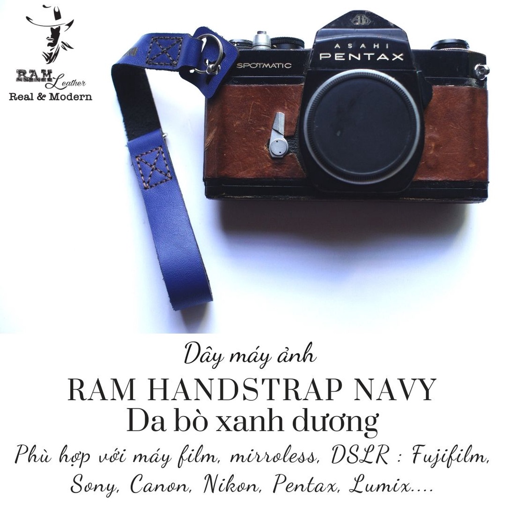 Dây máy ảnh vintage RAM Leather da bò thật handstrap màu xanh dương