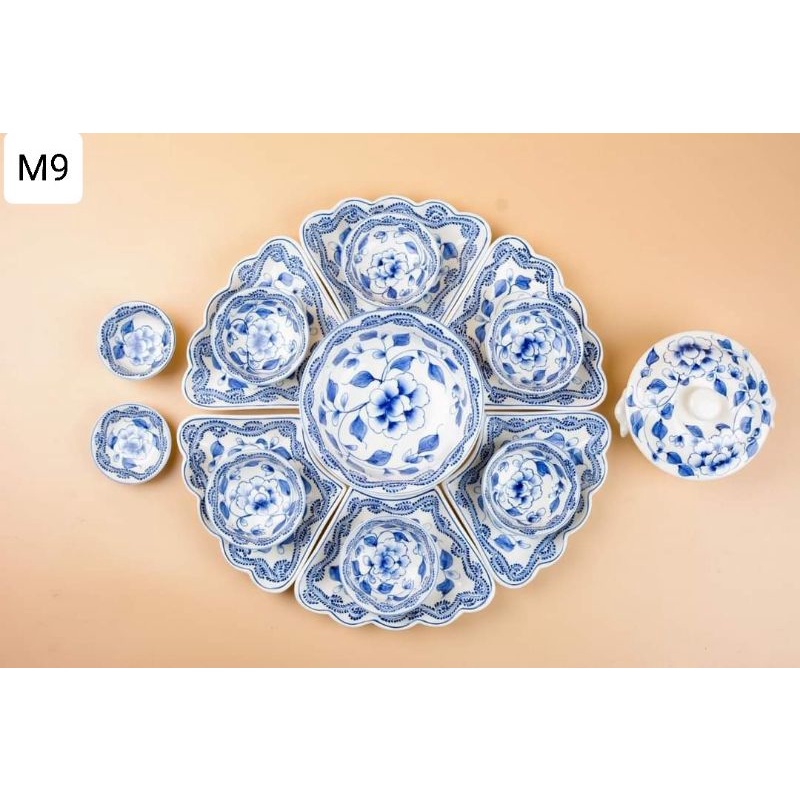 Bộ bát đĩa hoa mặt trời bồ công anh sứ Bát Tráng.