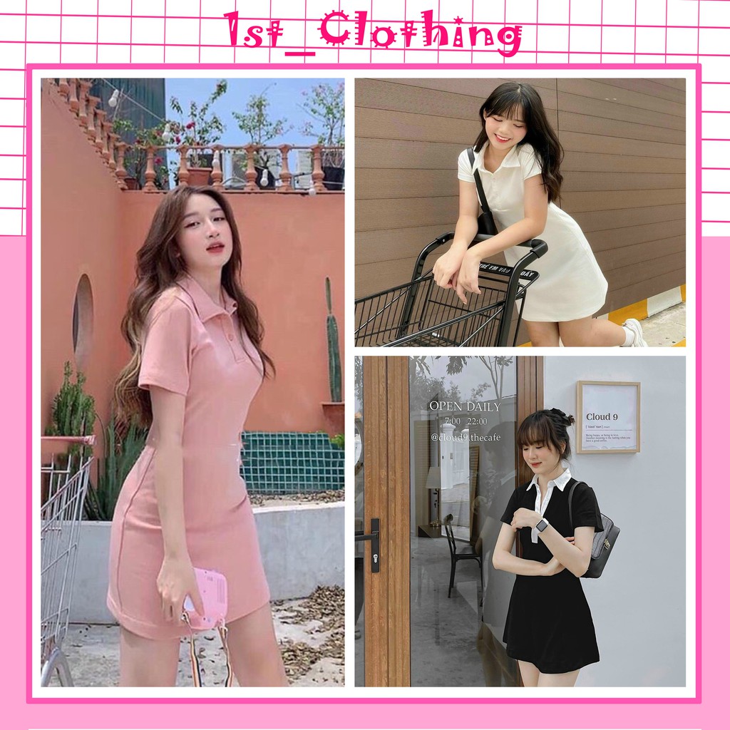 Đầm Polo Body Ngắn Tay Xinh Xắn Chất Cotton Năng Động Váy Polo Trơn Suông Cổ Sơ Mi