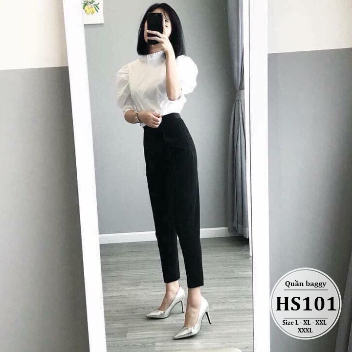 Quần Baggy nữ công sở cạp chun chất vải tuyết mưa mềm - Kiểu Quần tây bigsize nữ lưng cao màu đen mặc Đi làm - đi học