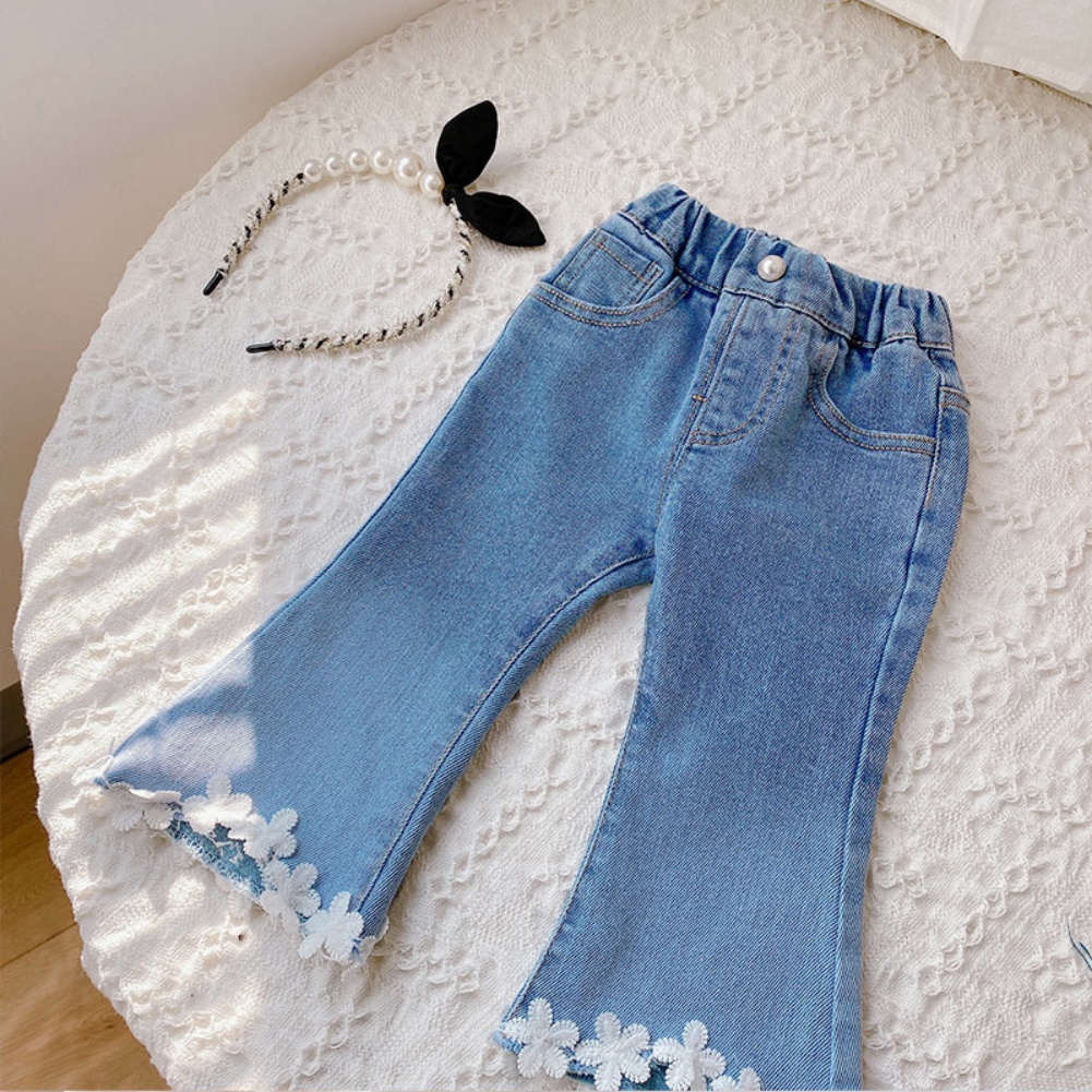 Bộ Áo Hoa + Quần Denim Ống Loe Thời Trang Mùa Thu Hàn Quốc Dành Cho Bé Gái