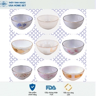 Bát cơm đáy nhỏ viền vàng 22K mẫu hoa văn Thủy Tinh Ngọc USA Homeset cao cấp nhập khẩu chính hãng