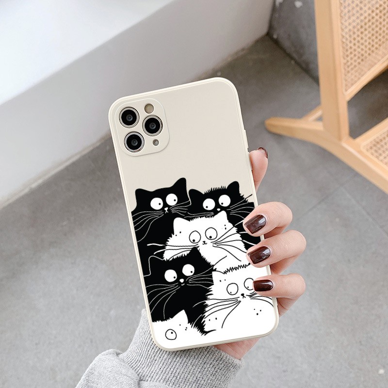 Ốp iphone cạnh vuông họa tiết Mèo đen trắng cho 6/7/8/x/xr/xsmax/11/12/13/plus/splus/max/mini/pro/promax-e06