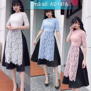 Set Áo Dài Cách Tân Ren cổ tròn tay lỡ họa kèm chân váy