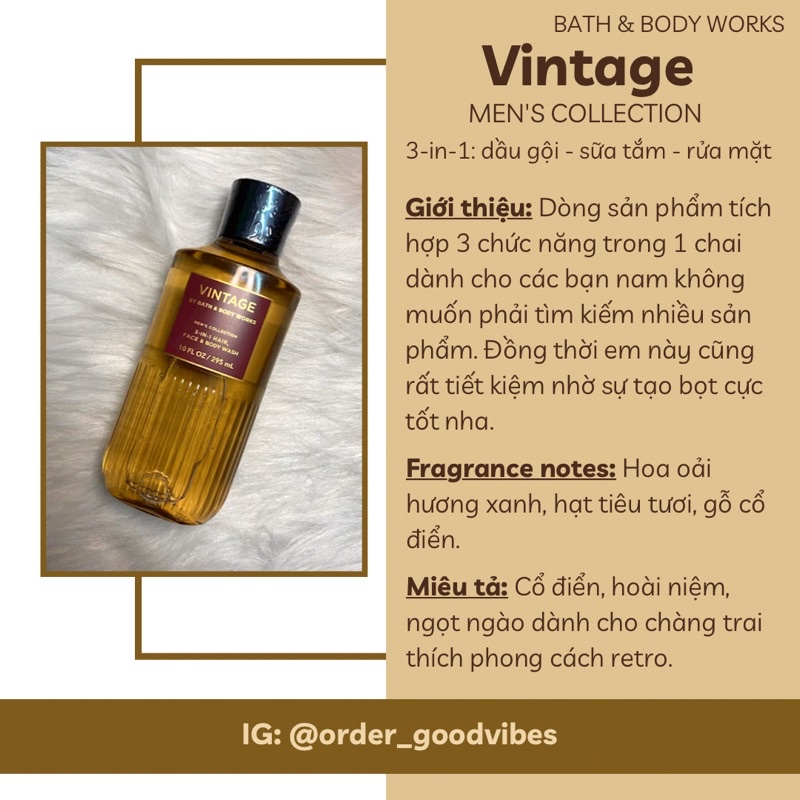 VINTAGE - Sữa tắm, Gel tắm Nam 3 trong 1 - Gội đầu, Sữa tắm, Rửa mặt - Bath & Body works