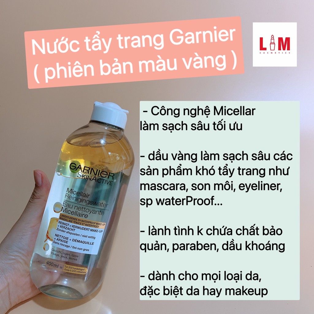 Nước Tẩy Trang Garnier Micellar Cleansing Water Pháp màu vàng 400ml [Chính Hãng]