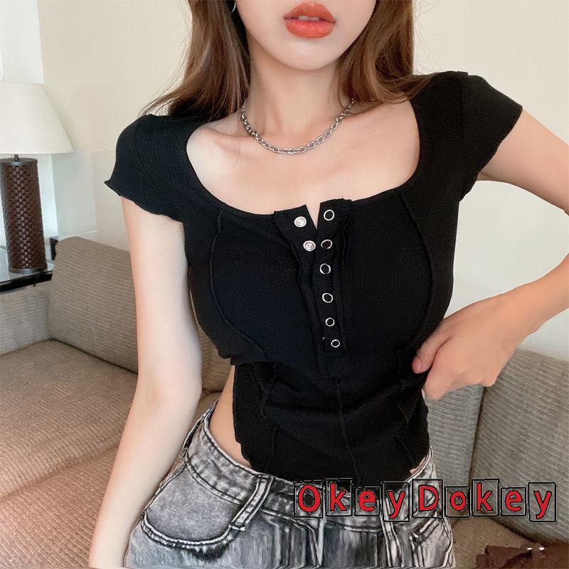 Áo Crop Top Tay Ngắn Dáng Ôm Cổ Chữ U Viền Bất Đối Xứng Gợi Cảm Cho Nữ