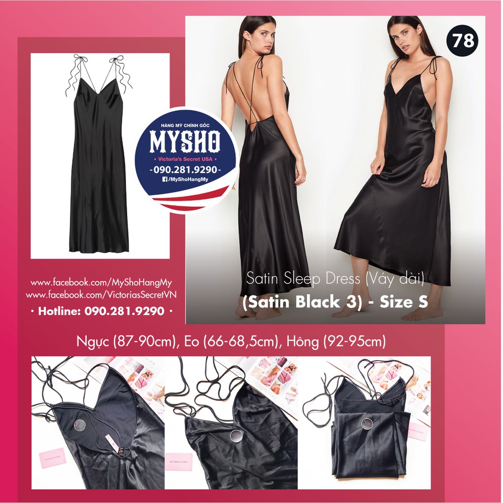 (Sleep Size S) - Váy đen, 2 dây, hở lưng sexy (78) Satin Sleep Dress, BLack - Victoria's Secret
