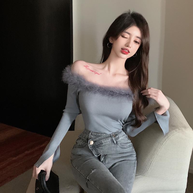 Áo dệt kim tay dài cổ thuyền màu trơn phối lông sang trọng thời trang cho nữ