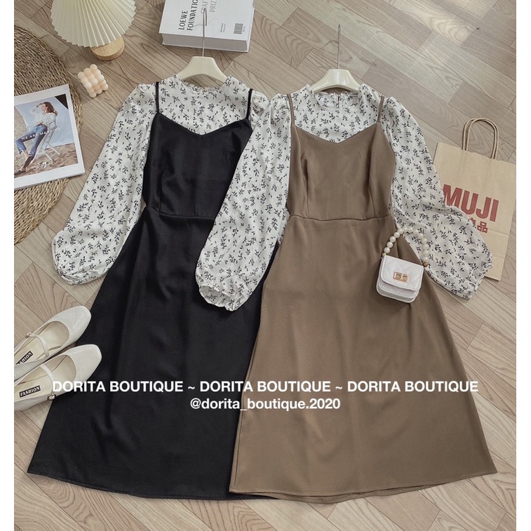 Set yếm hoa tay bồng Vintage Hàn Quốc 2022