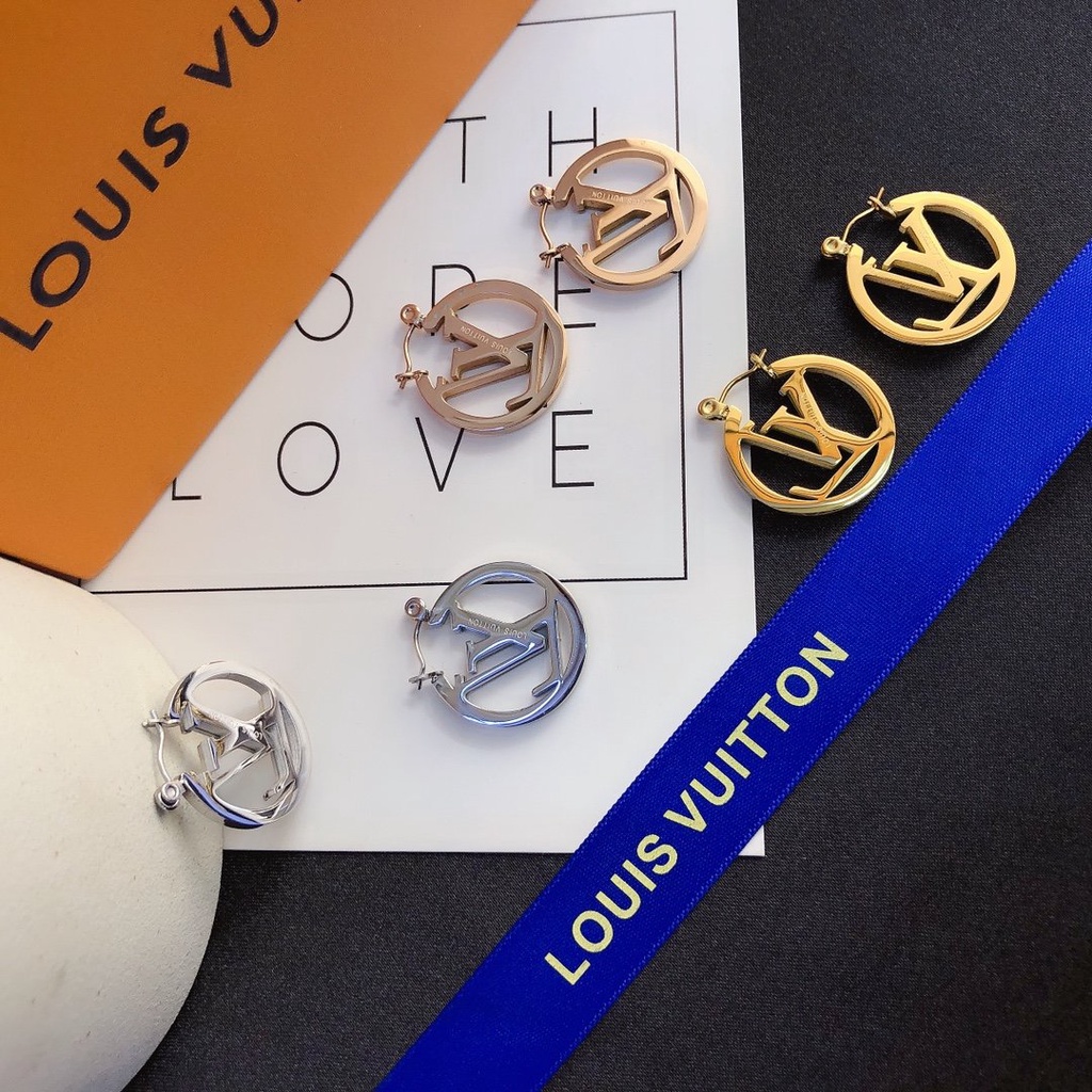 LOUIS VUITTON Khuyên Tai Tròn Bằng Thép Titan In Logo LV Thời Trang