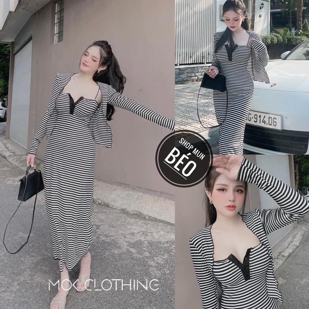 Set Đầm 2 Dây Phom Dài Cúc Cài Ngực Kèm Áo Khoác Chất Thun Gân Sọc Thích Hợp Mặc Đi Tiệc Đi Làm Đi Chơi