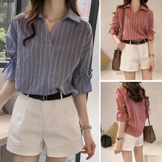 [Baywellfashion]Áo sơ mi kẻ sọc tay lỡ phong cách thời trang cho nữ