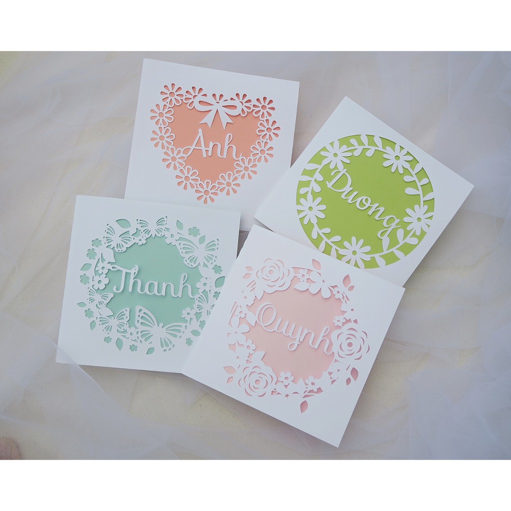 🌿Thiệp cắt giấy Tên riêng theo yêu cầu mẫu Hoa lá SQ02