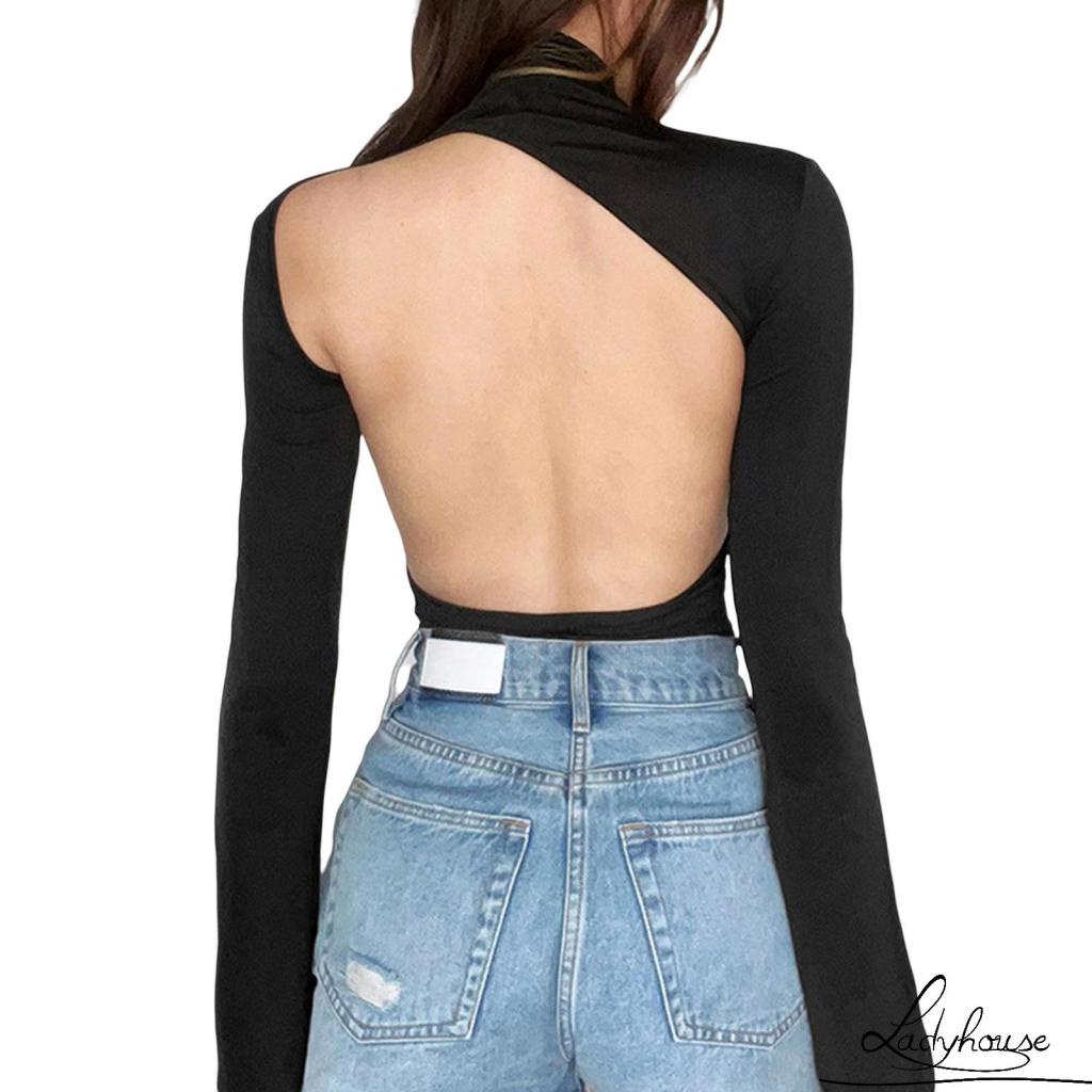 Áo Thun Crop Top Tay Dài Màu Trơn Hở Lưng Ôm Dáng Phong Cách Đường Phố Cho Nữ