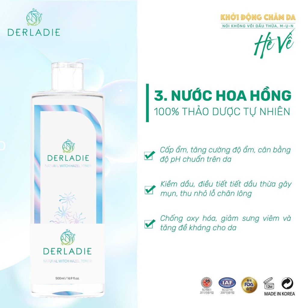 Toner Ngừa Mụn, Làm Sạch Da Derladie Natural Witch Hazel 500ml Bulsan Beauty