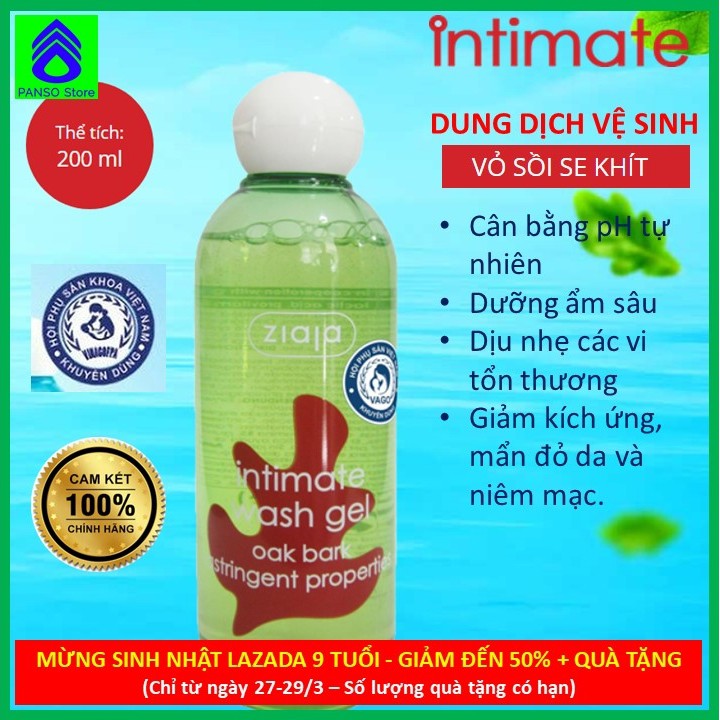 Dung Dịch Vệ Sinh phụ nữ Intimate ZIAJA BALAN Vỏ Sồi se khít chai 200ml cho Nam và Nữ -  Hàng chính hãng Ziaja