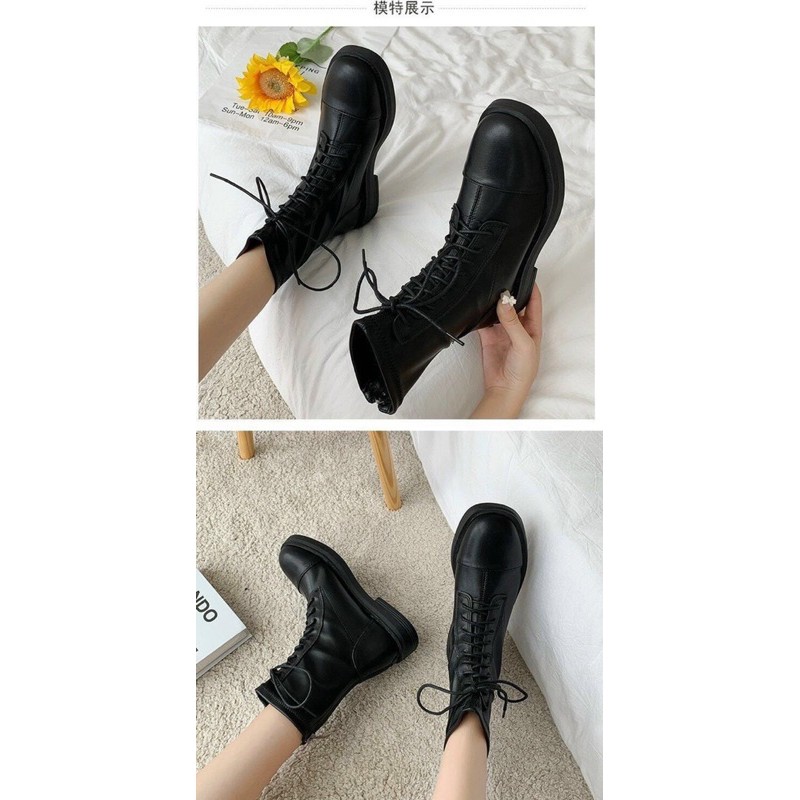 Boot cổ cao nữ Đan dây khoá sau hót hít da lì .