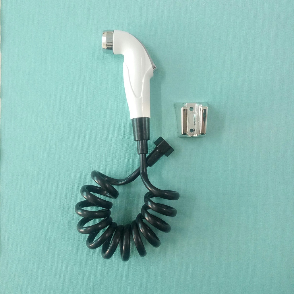 Bộ vòi xịt nhà vệ sinh nhựa Trắng 2 mẫu (mẫu âm + mẫu dương) kèm dây xịt xoắn ốc màu trắng, đen cộng cài nhựa ABS vuông