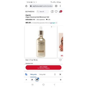 [ Minisize 10ml ] Kem Dưỡng Kiềm Dầu, Sáng Da Dạng Lỏng Algenist Algae Niacinamide Moisture Veil