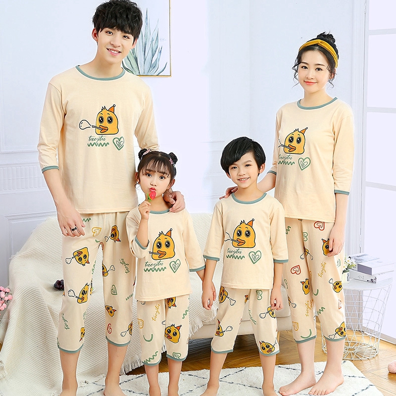 Bộ đồ ngủ 2 món vải cotton in hình hoạt họa thời trang mùa hè cho gia đình