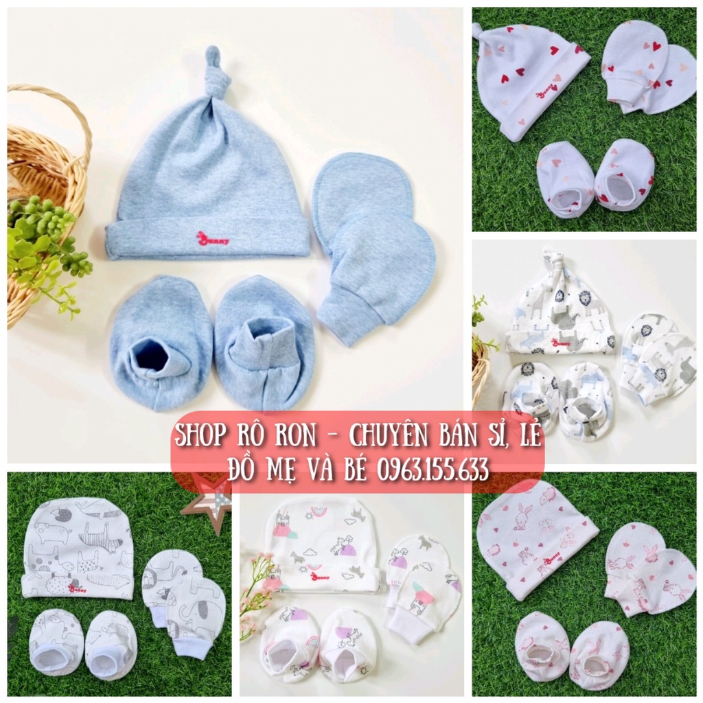 Set 3 chi tiết Mũ Bao tay chân BUNNY - Bộ Bao tay chân Mũ cho bé sơ sinh 0