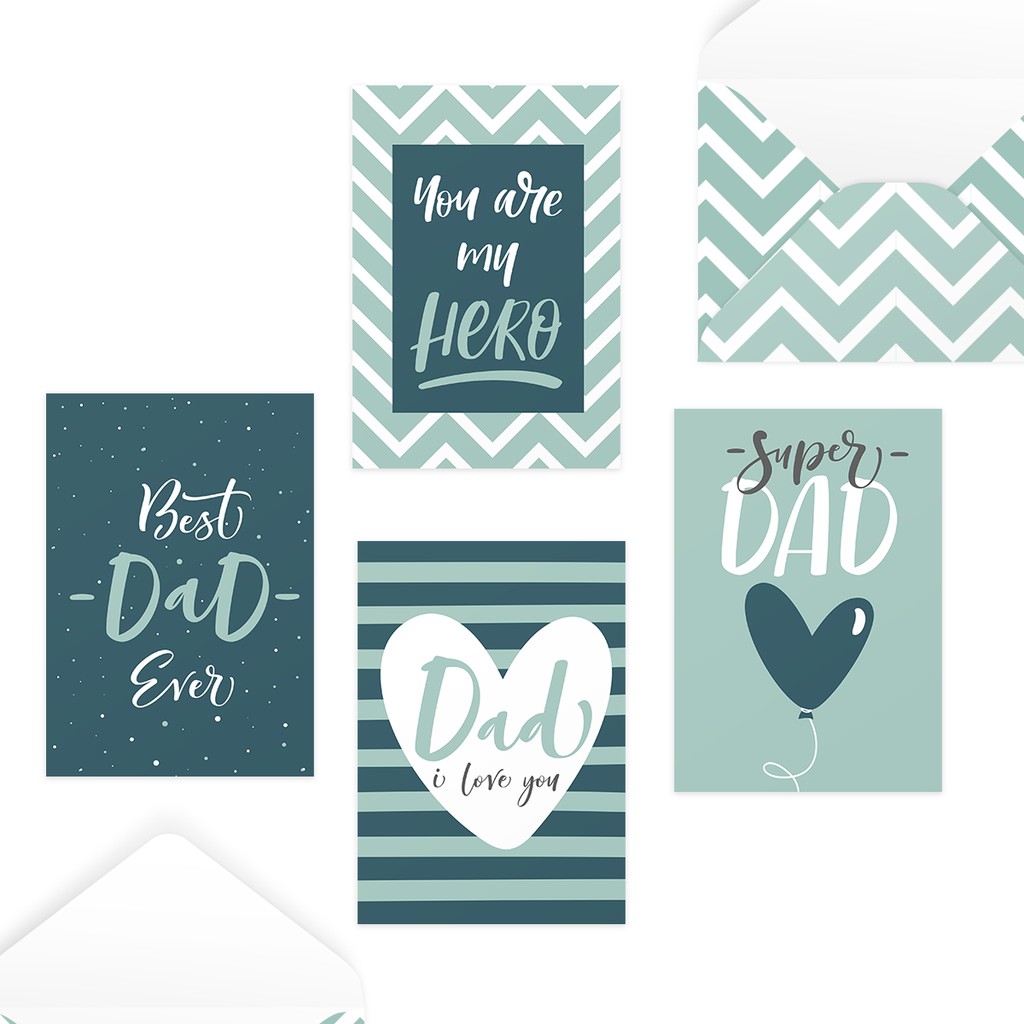 Bộ 4 thiệp 12,5x17,6 SDstationery TEAL LOVE FOR DAD pattern trái tim typography tặng bố ngày của cha father’s day Vu Lan