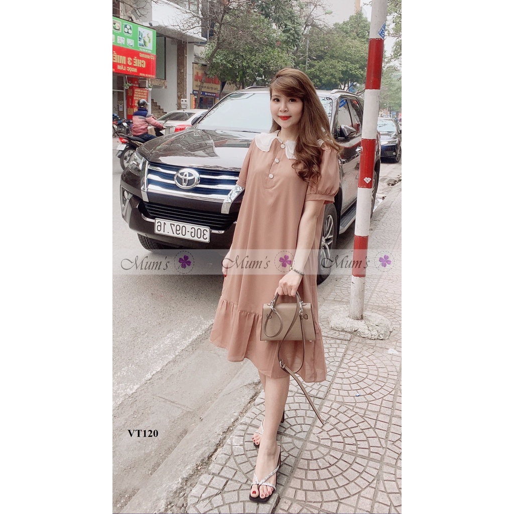 Đầm bầu công sở MUM'S SHOP  Váy tơ nude cổ bèo trắng