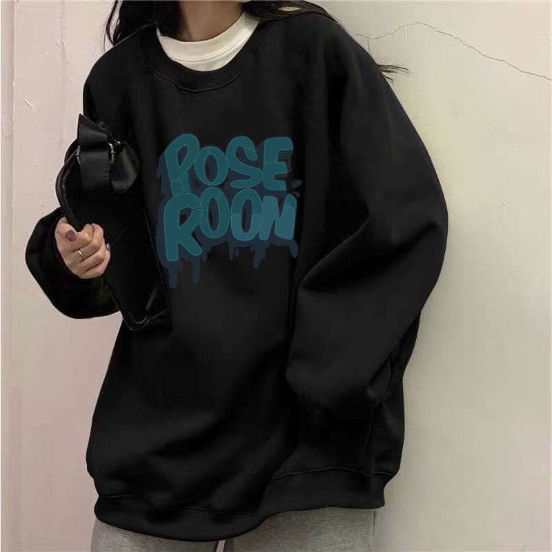 Áo Sweater Cotton Mỏng Cổ Tròn Dáng Rộng Màu Đen Thời Trang Hàn Quốc 2022 Cho Nữ